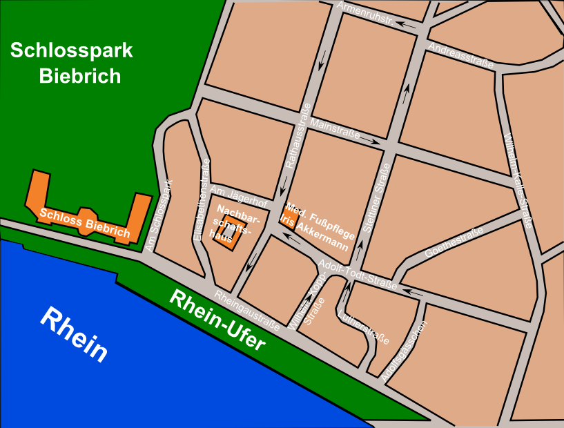 Lageplan der Med. Fupflege Iris Akkermann in Wiesbaden-Biebrich 